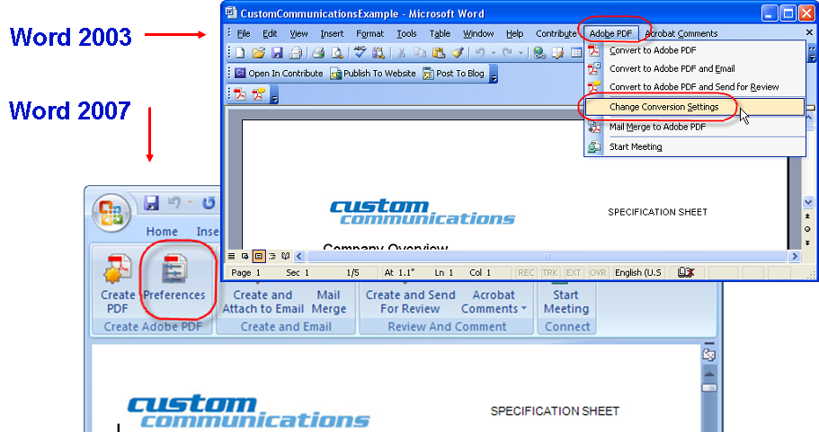 A screenshot of the Adobe PDF menu in Word 2003 and a screenshot of the Acrobat tab on the navigation ribbon in Word 2007.