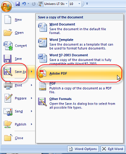 A screenshot of the menu that appears in Word 2007 when you click the Office button.