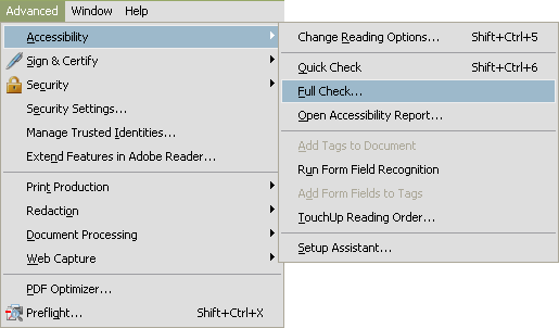 A screenshot of the Advanced menu in Adobe Acrobat.
