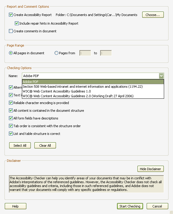 A screenshot of the dialog box that appears when you select the Full Check option from the Accessibility menu in Acrobat 8 and above.