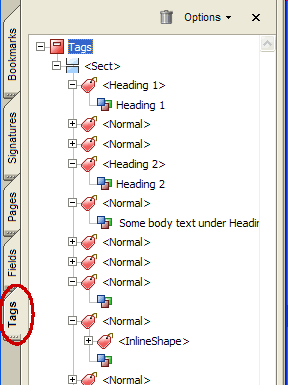 A screenshot of the navigation panels in the Adobe Acrobat: Tags, Fields, Pages, Signatures, and Bookmarks.