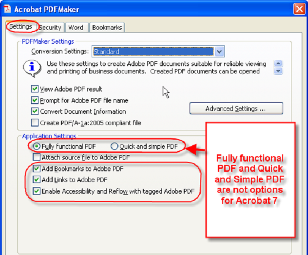 A screenshot of the Acrobat PDF Maker dialog box in Word, which is invoked by selecting the configuration menu item (which is different for Word 2003 and Word 2007) on the previous slide.