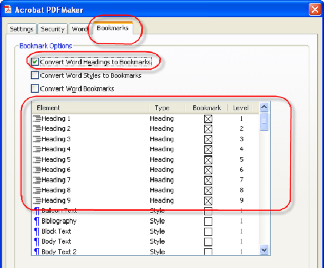 A screenshot of the Acrobat PDFMaker dialog box in Word.