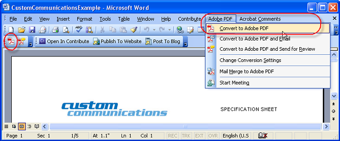 A screenshot of the Word 2003 interface with the Adobe PDF menu opened.
