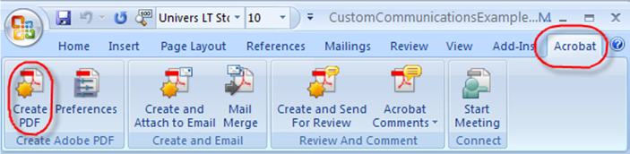 A screenshot of the Acrobat tab on the ribbon in Word 2007.